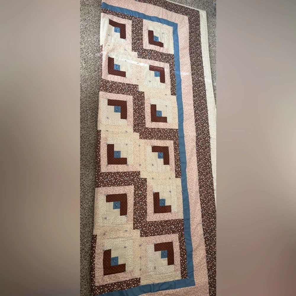 Elegant Patchwork Quilt with Brown, Cream, and Blue Accents - Picture 2 of 4